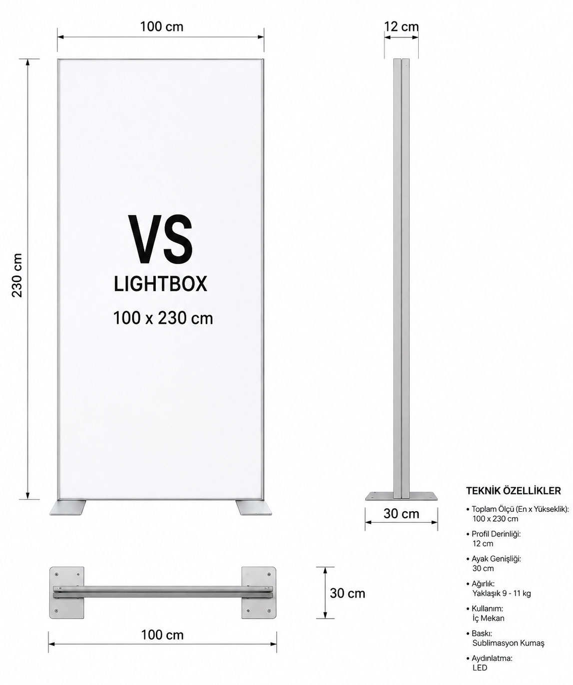 100x230 ayaklı modüler lightbox stand teknik çizimi