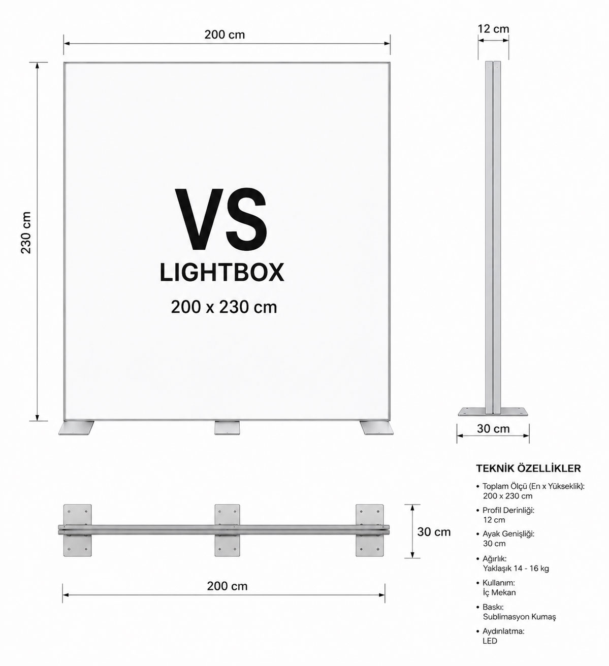200x230 ayaklı modüler lightbox stand teknik çizimi