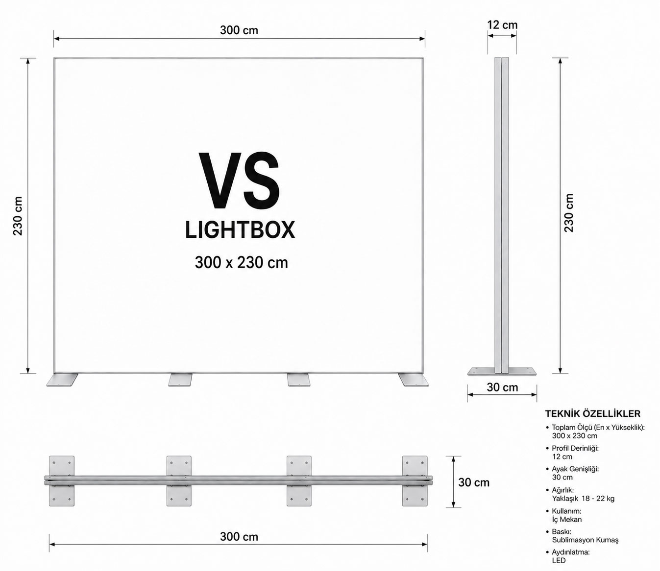 300x230 ayaklı modüler lightbox stand teknik çizimi