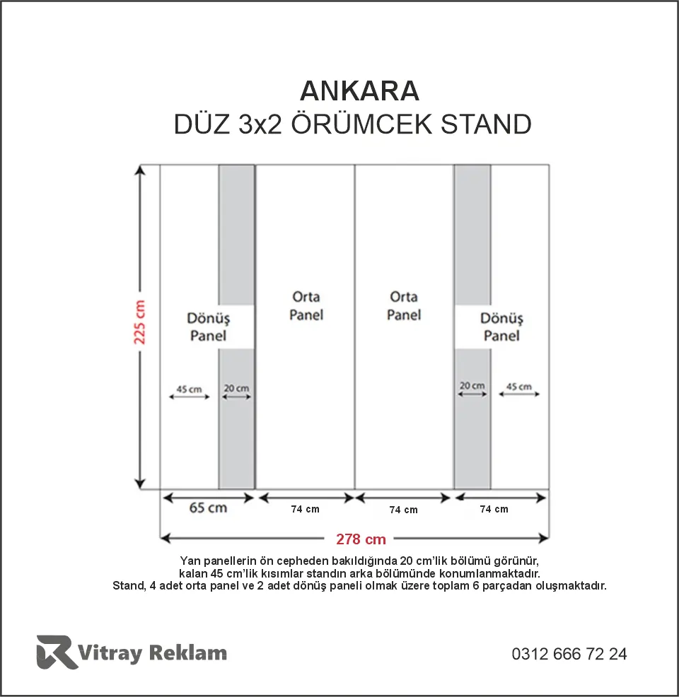 3x2 örümcek stand düz model ölçüleri 278x225 cm