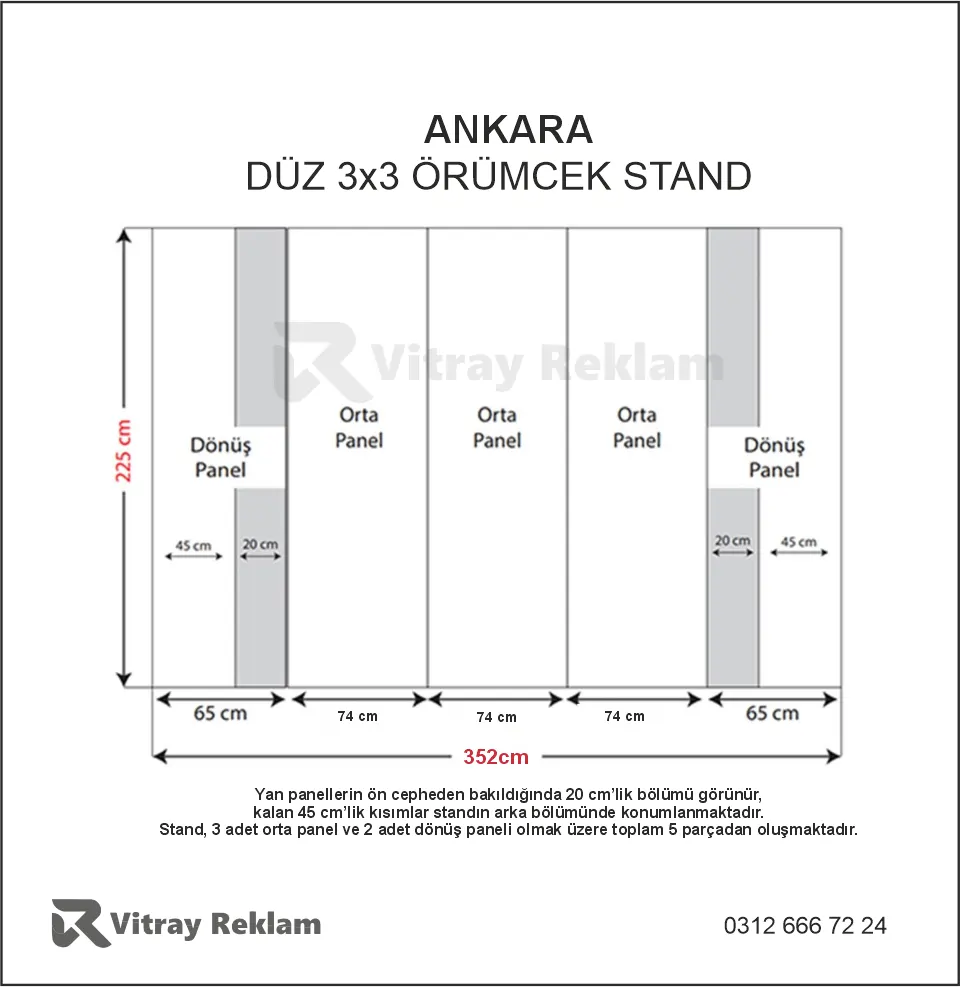 3x3 örümcek stand düz model ölçüleri 352x225 cm