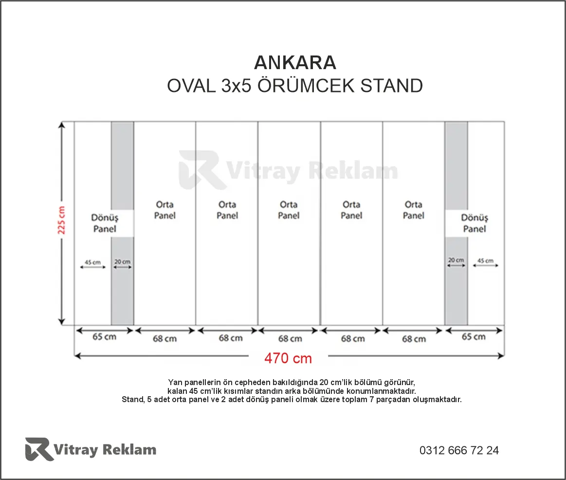 3x5 örümcek stand oval model ölçüleri 470x225 cm