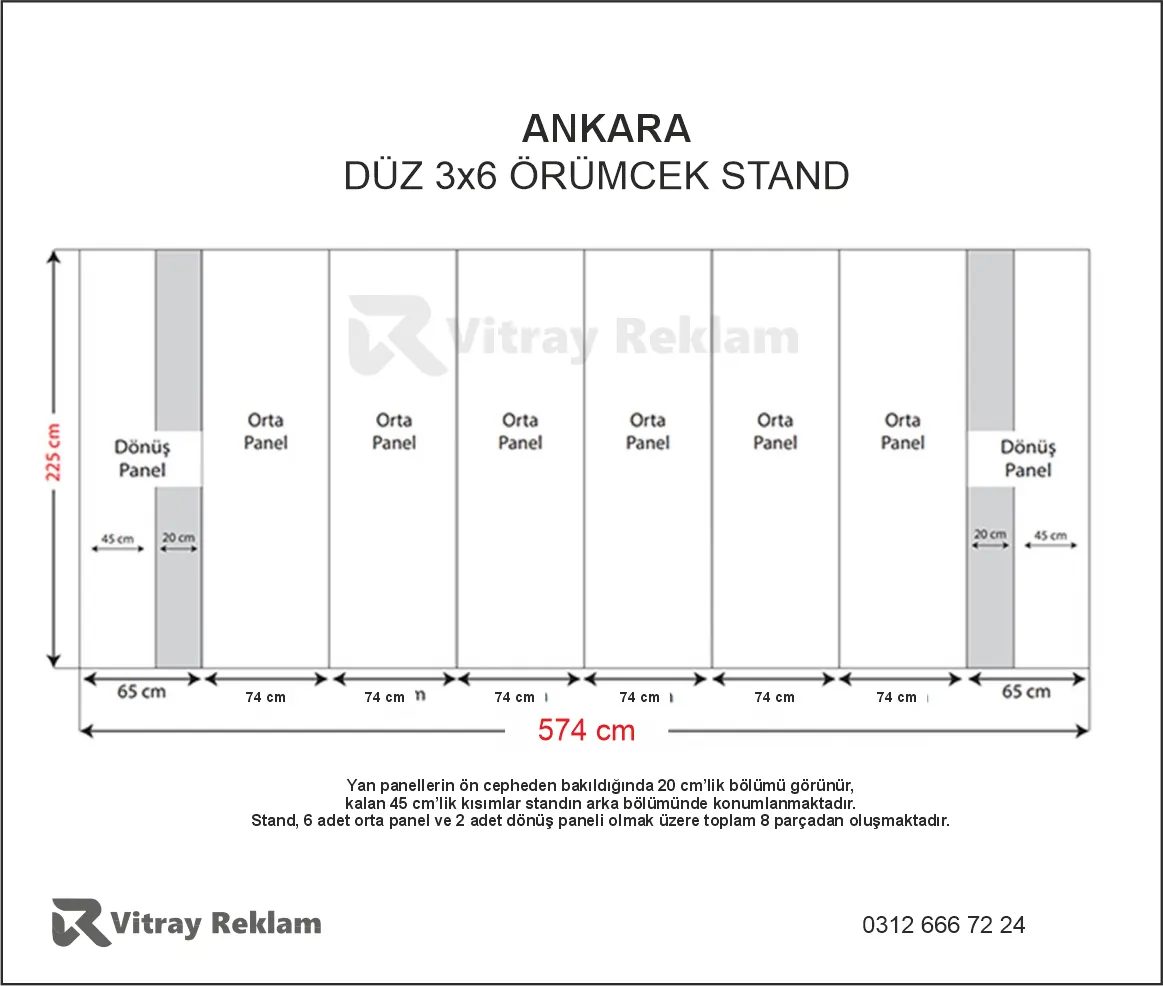 3x6 örümcek stand düz model teknik ölçüleri 574x225 cm
