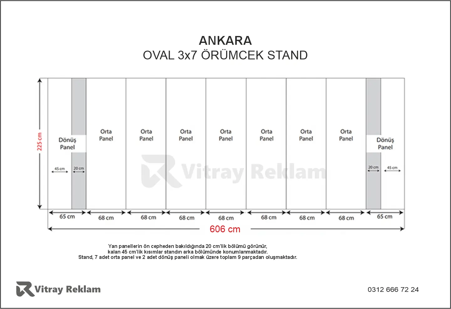 3x7 örümcek stand oval model teknik ölçüleri 606x225 cm