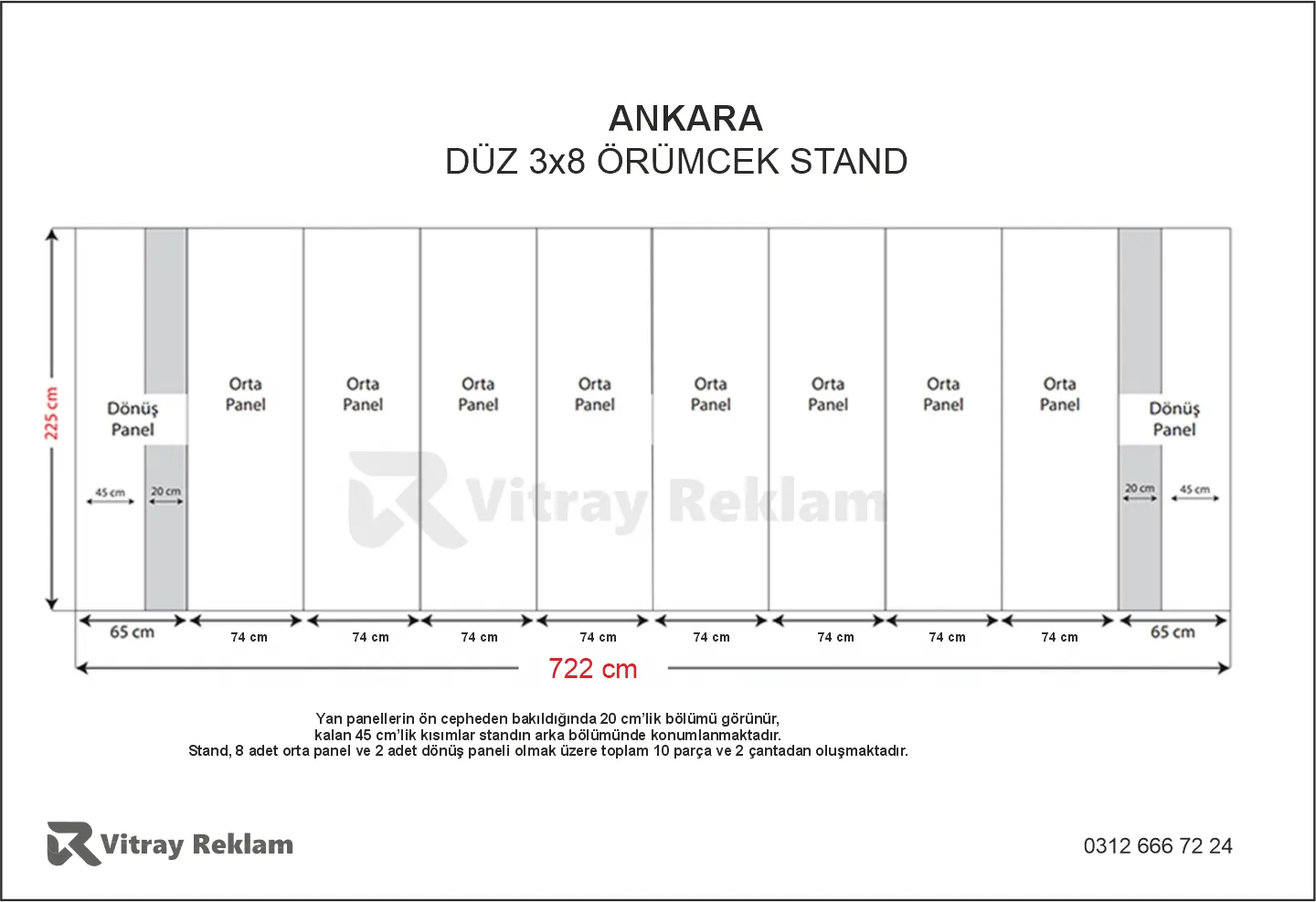 3x8 örümcek stand düz model teknik ölçüleri 722x225 cm
