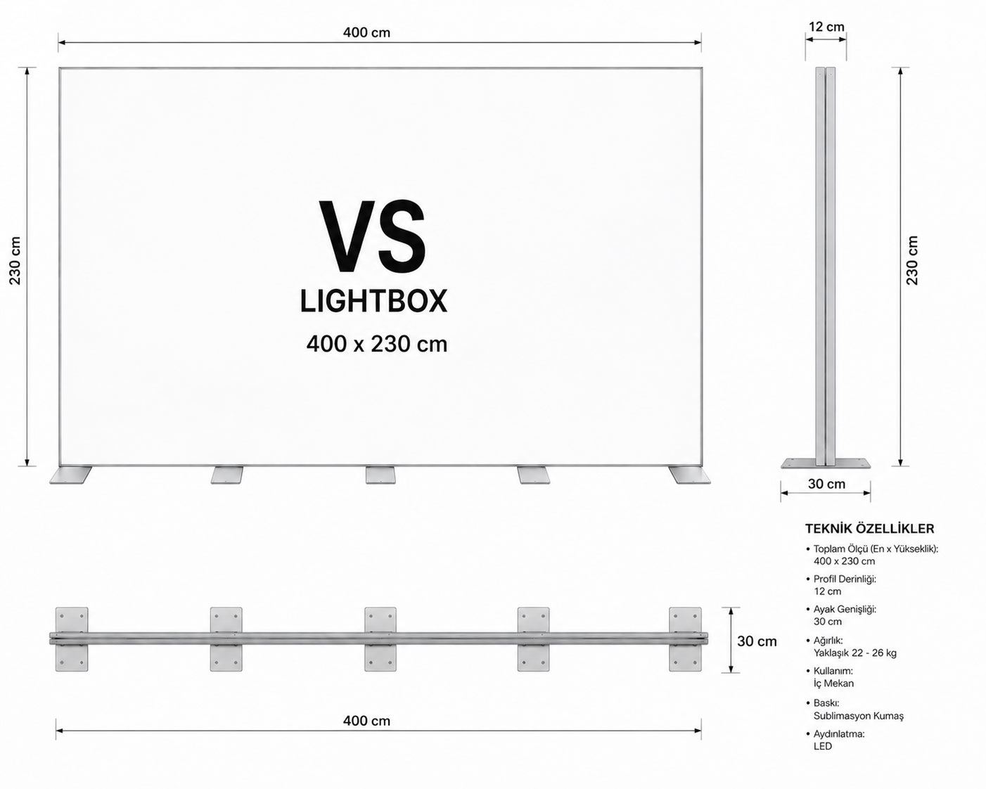 400x230 ayaklı modüler lightbox stand teknik çizimi