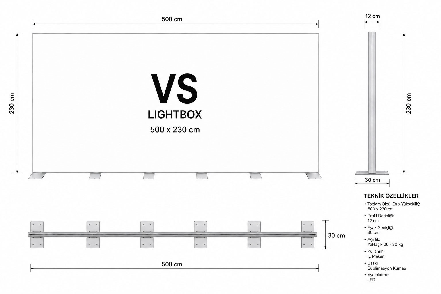 500x230 ayaklı modüler lightbox stand teknik çizimi